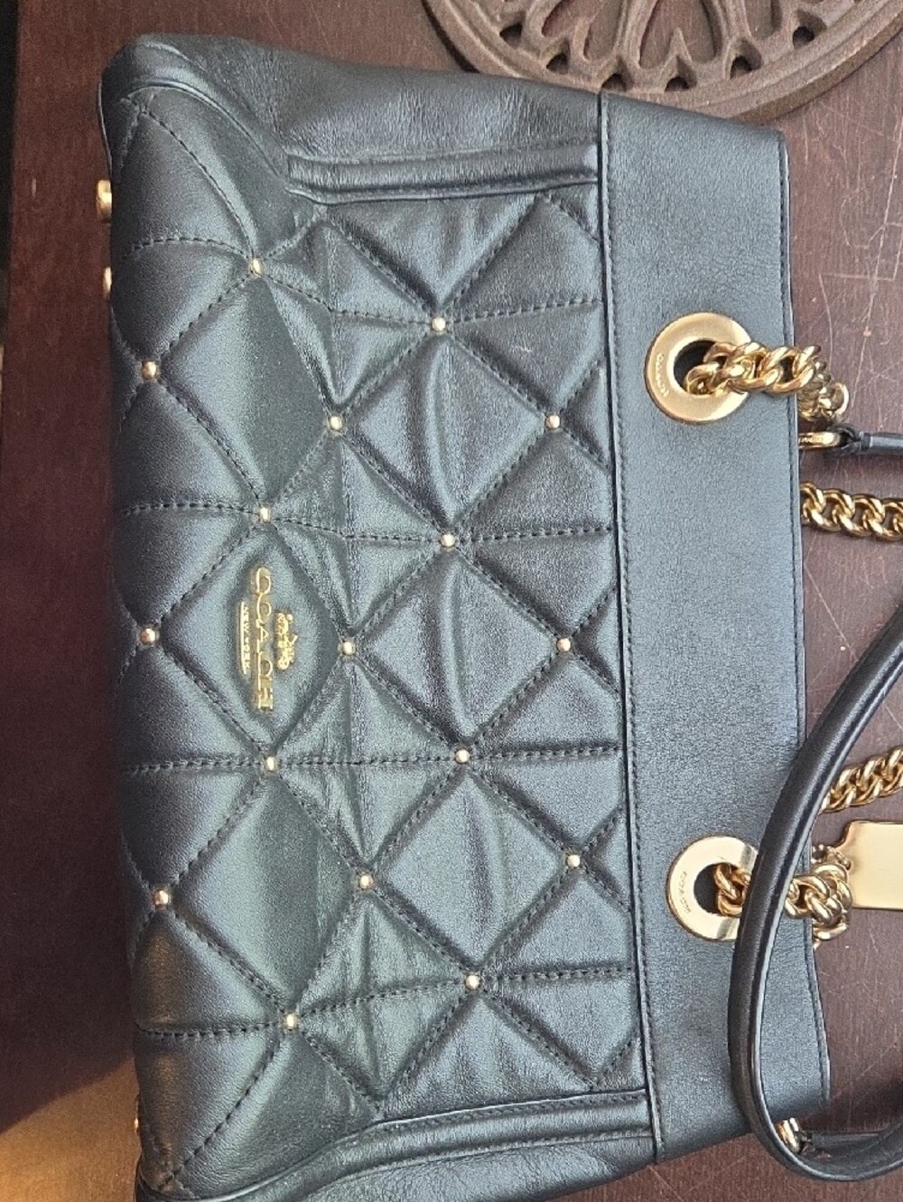 Genuine Coach Black Quilted Leather Shoulder Bag with Gold Chain Straps - Picture 5 of 6